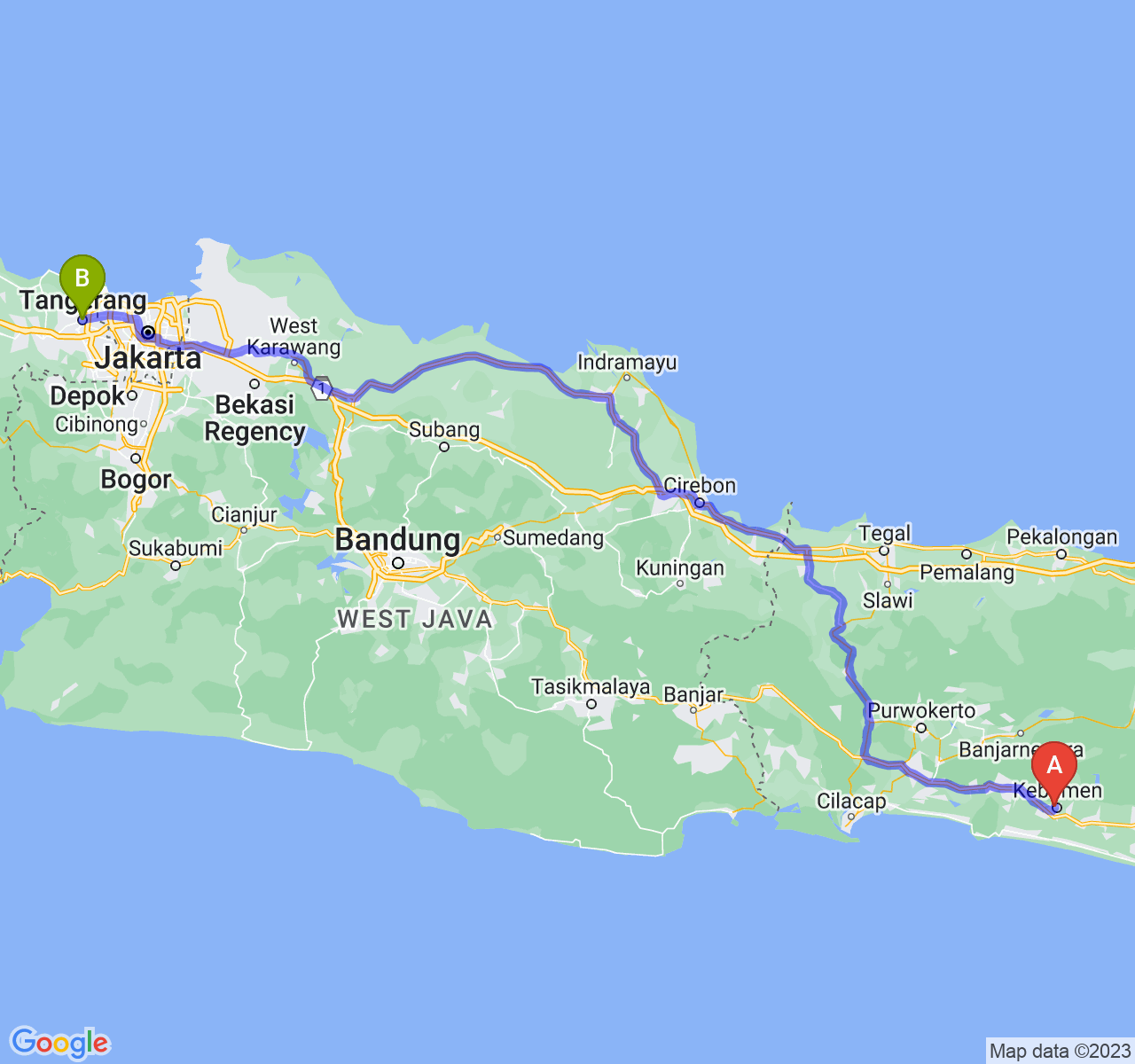 rute perjalanan Kab. Kebumen-Kota Tangerang