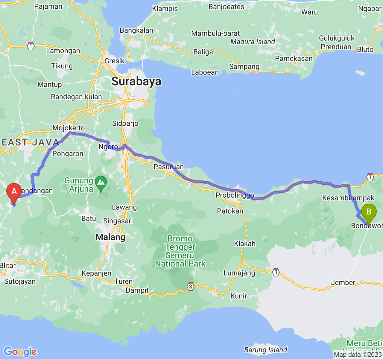 rute perjalanan Kab. Kediri-Kab. Bondowoso