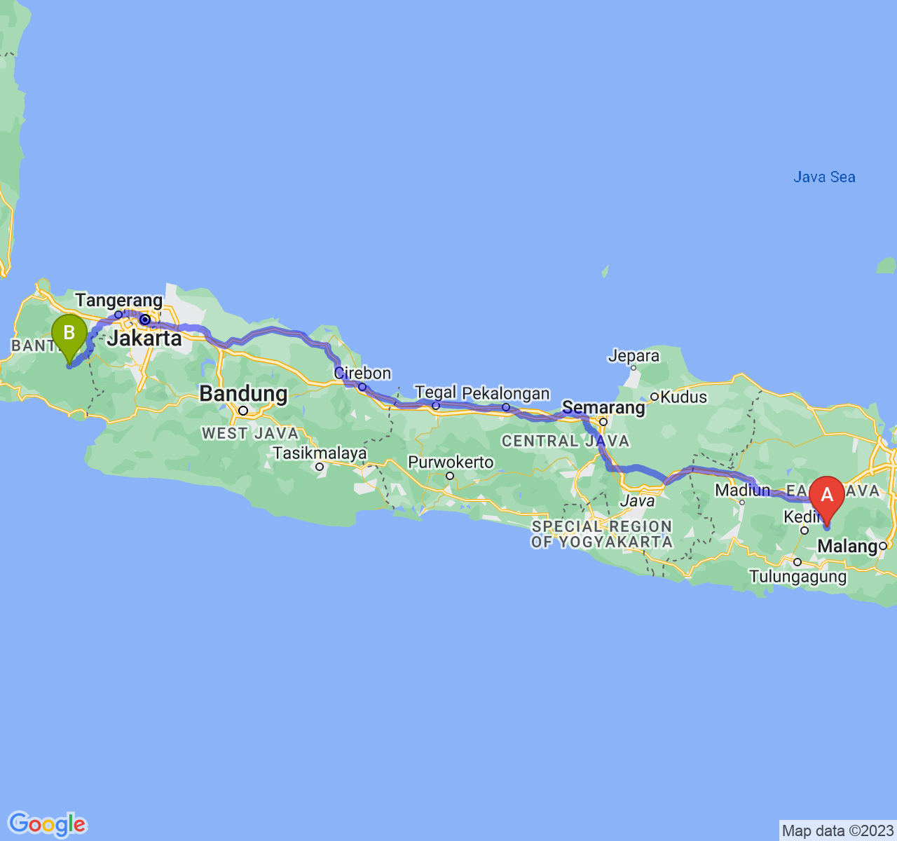 rute perjalanan Kab. Kediri-Kab. Lebak