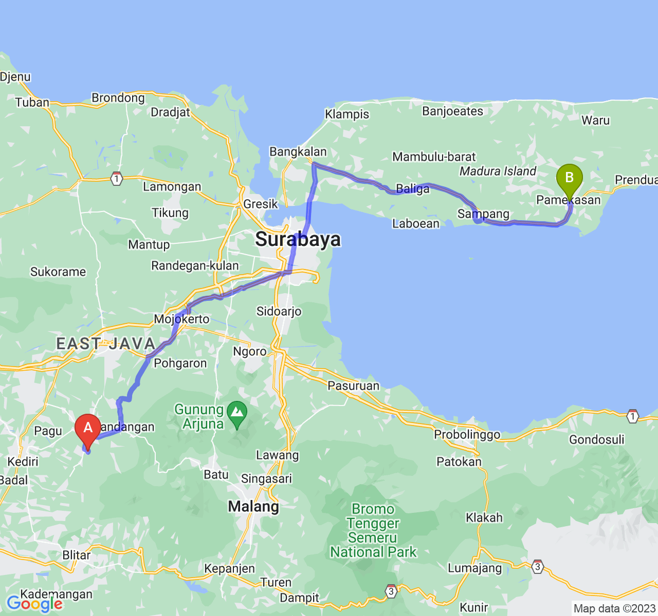 rute perjalanan Kab. Kediri-Kab. Pamekasan