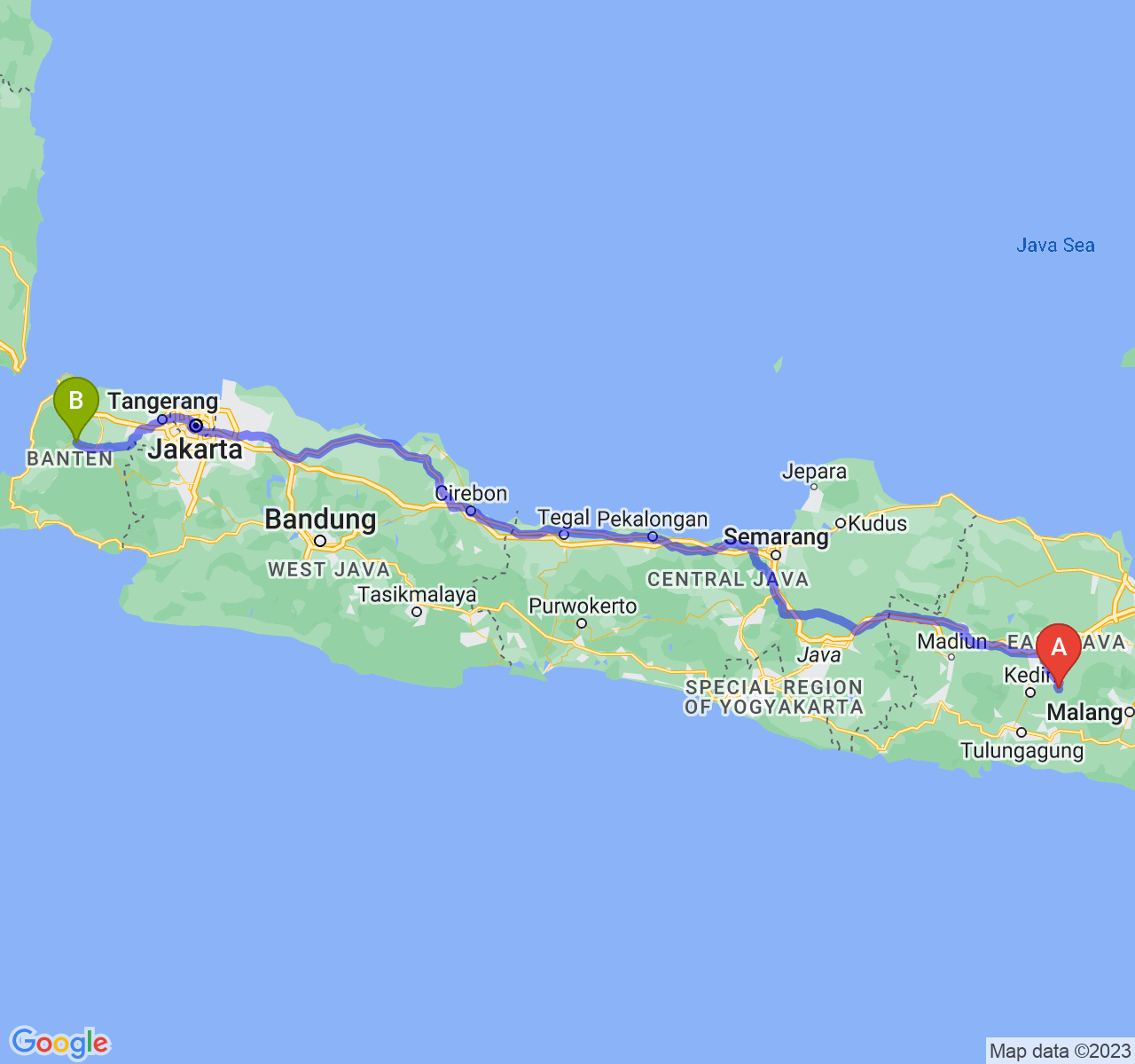 rute perjalanan Kab. Kediri-Kab. Pandeglang