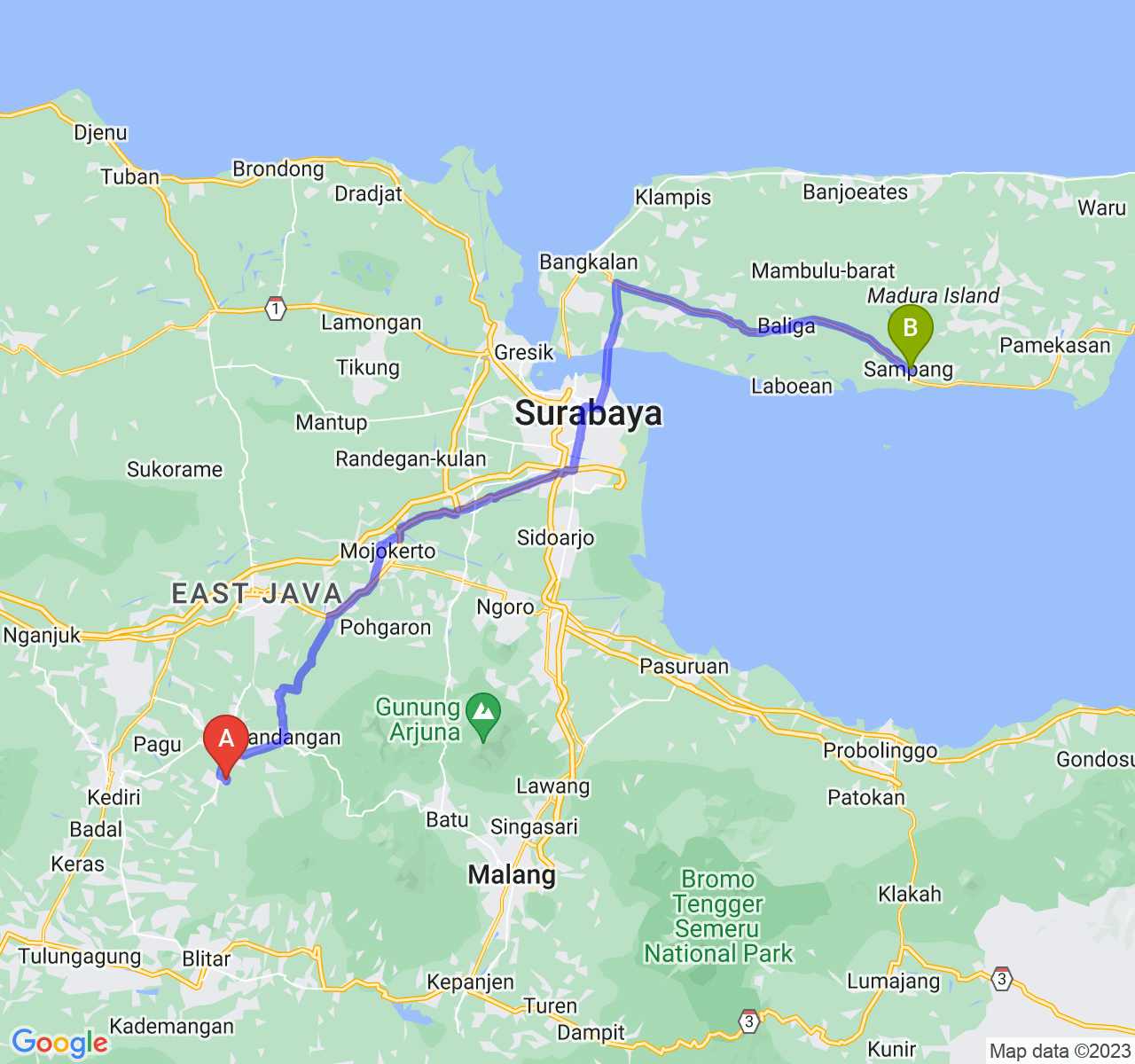 rute perjalanan Kab. Kediri-Kab. Sampang