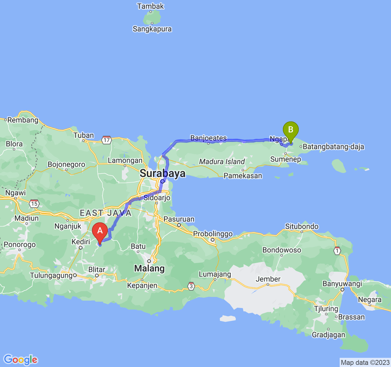 rute perjalanan Kab. Kediri-Kab. Sumenep