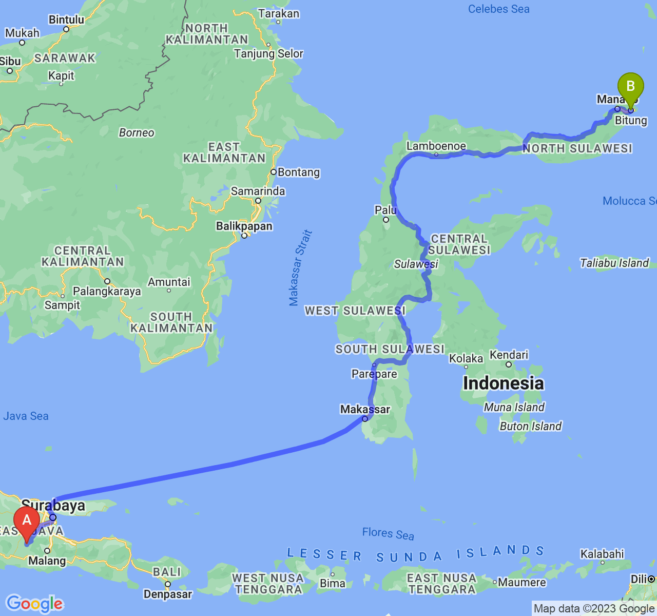 rute perjalanan Kab. Kediri-Kota Bitung