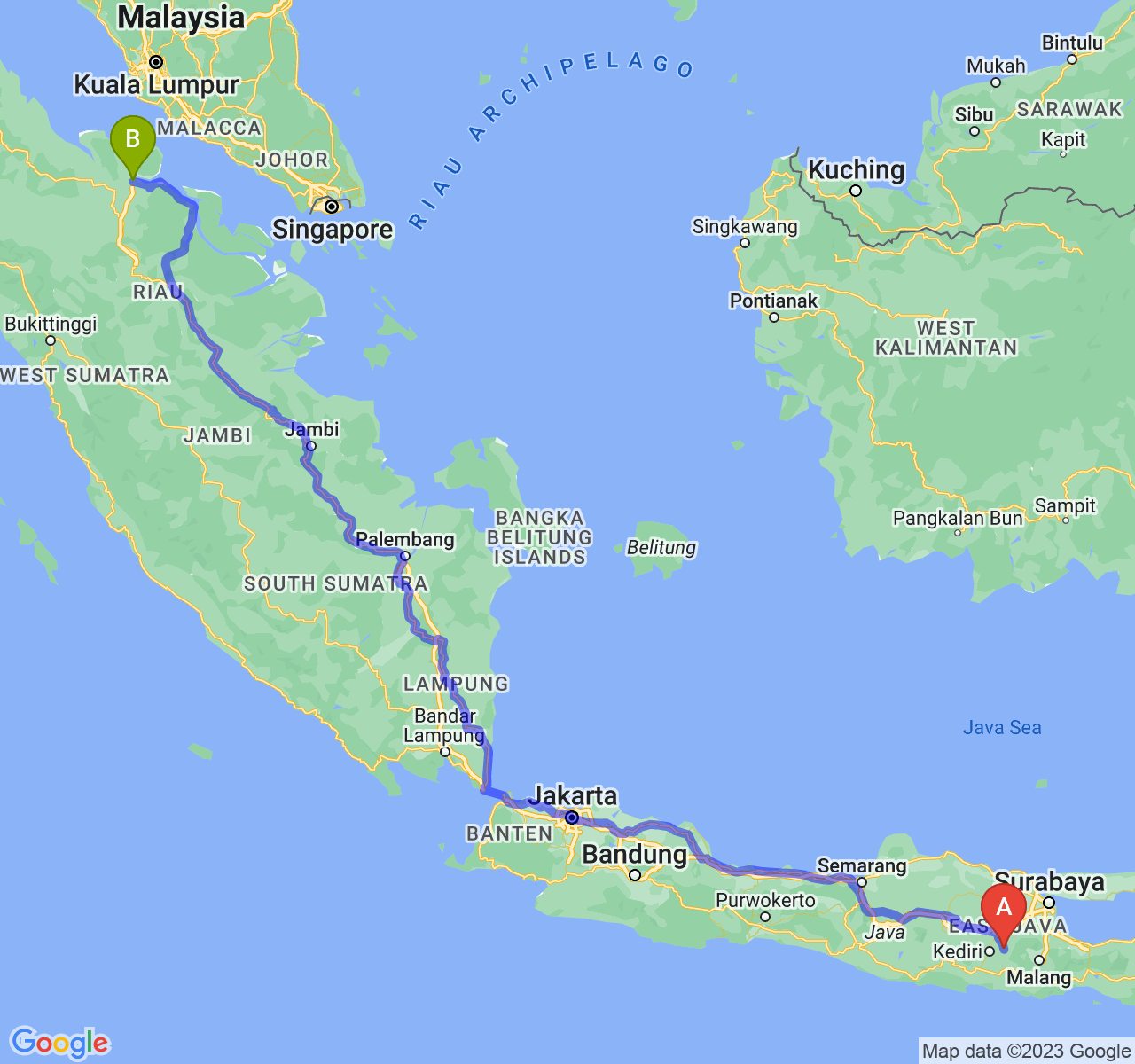 rute perjalanan Kab. Kediri-Kota Dumai