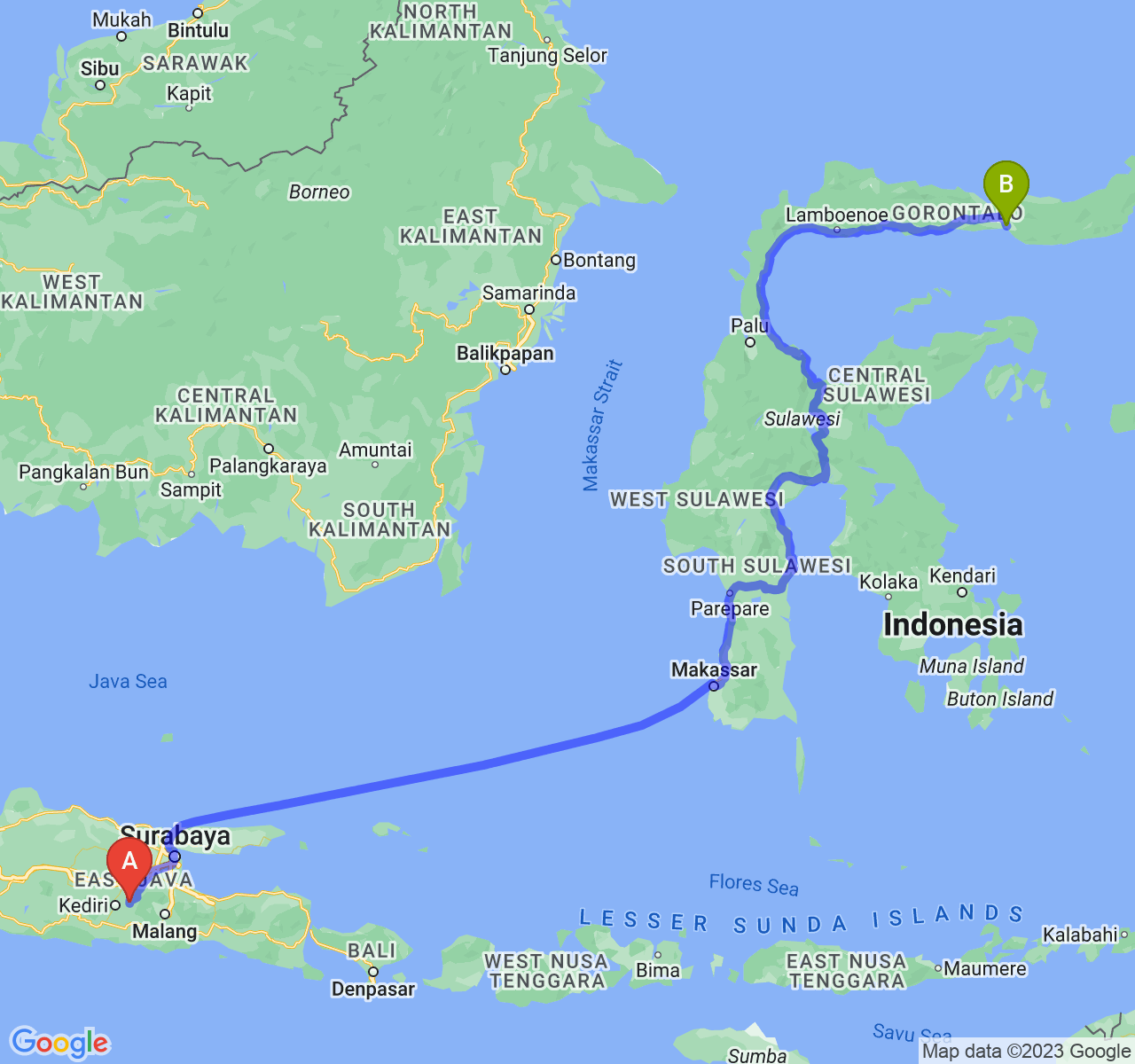 rute perjalanan Kab. Kediri-Kota Gorontalo