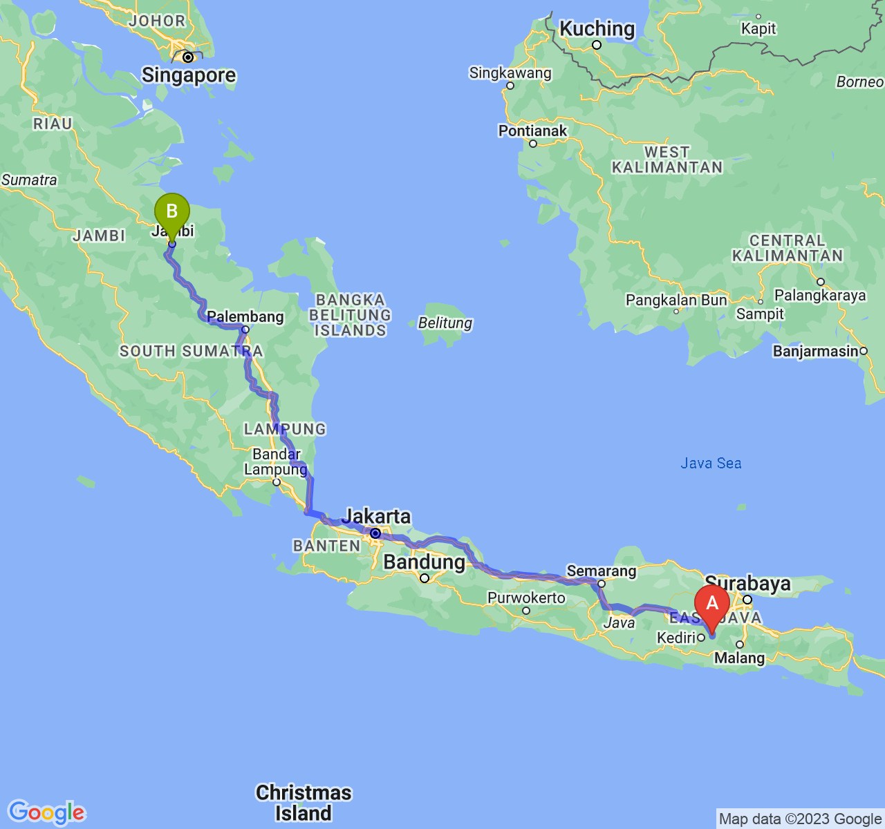 rute perjalanan Kab. Kediri-Kota Jambi