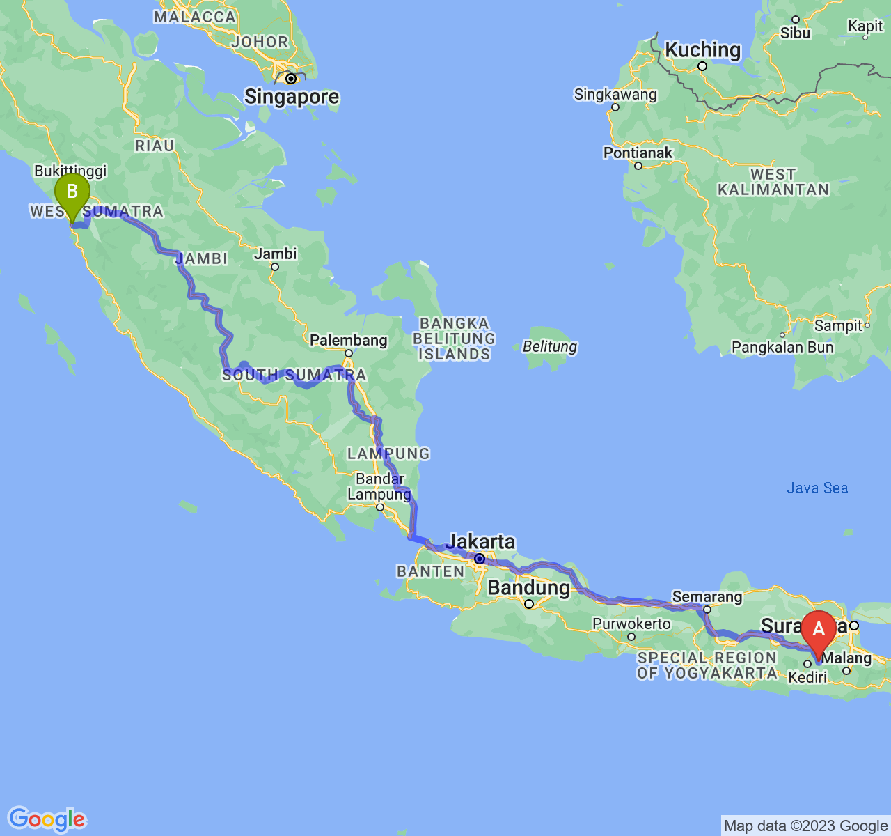 rute perjalanan Kab. Kediri-Kota Padang