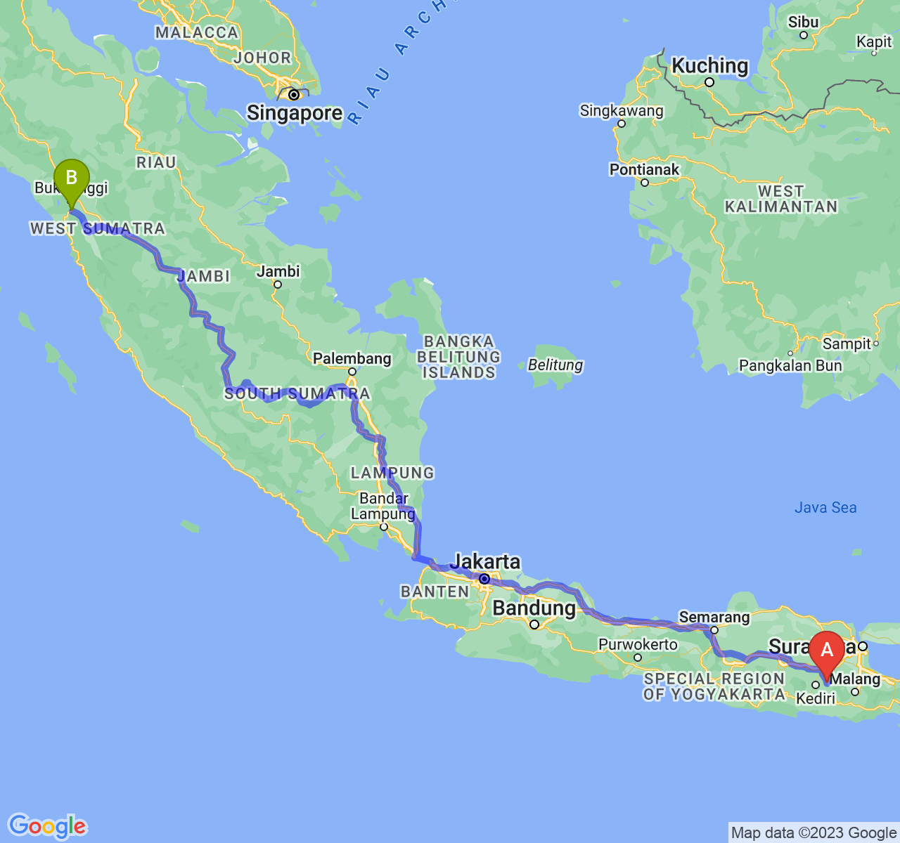 rute perjalanan Kab. Kediri-Kota Padang Panjang