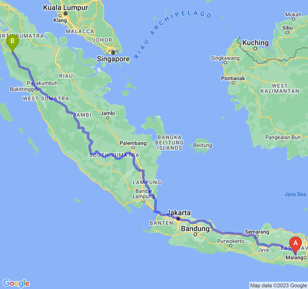 rute perjalanan Kab. Kediri-Kota Padang Sidimpuan