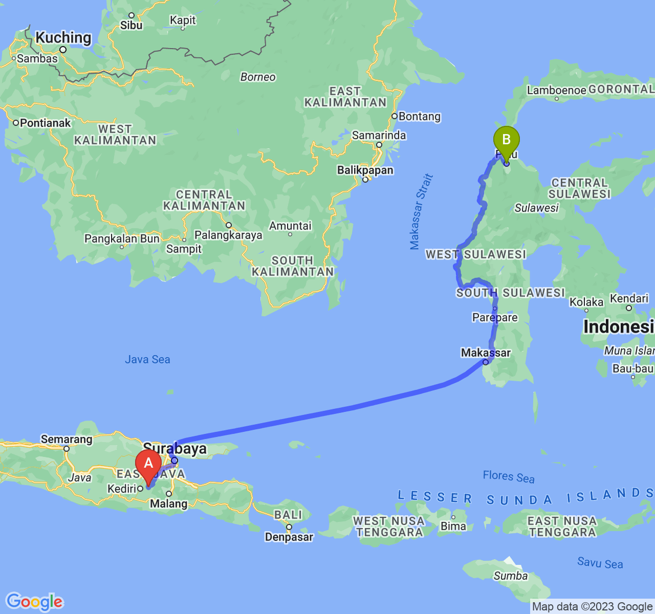 rute perjalanan Kab. Kediri-Kota Palu