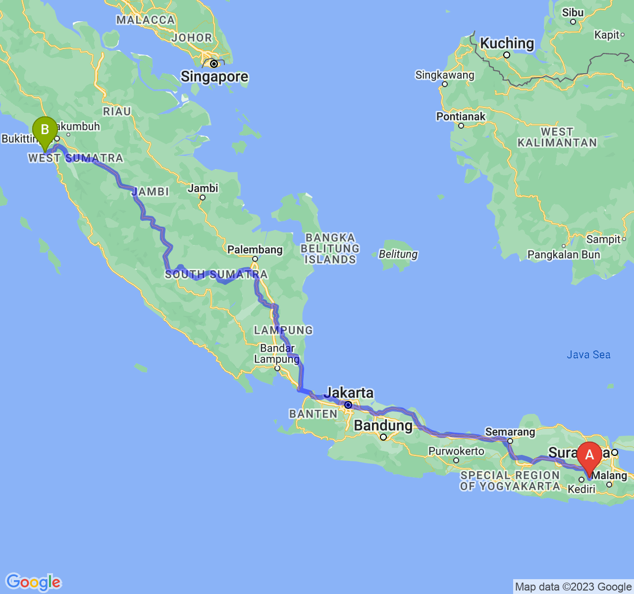 rute perjalanan Kab. Kediri-Kota Pariaman