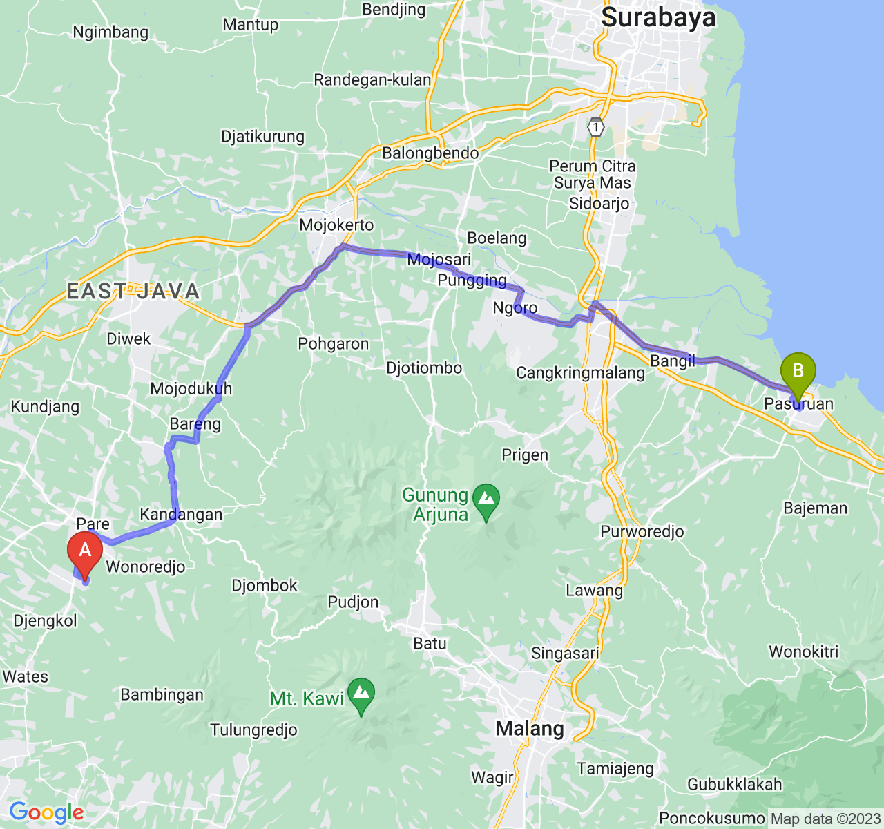 rute perjalanan Kab. Kediri-Kota Pasuruan