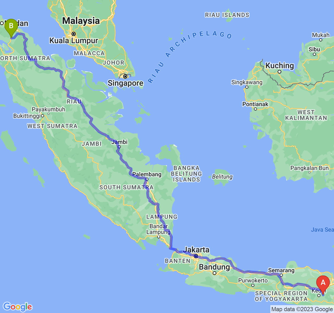 rute perjalanan Kab. Kediri-Kota Pematangsiantar