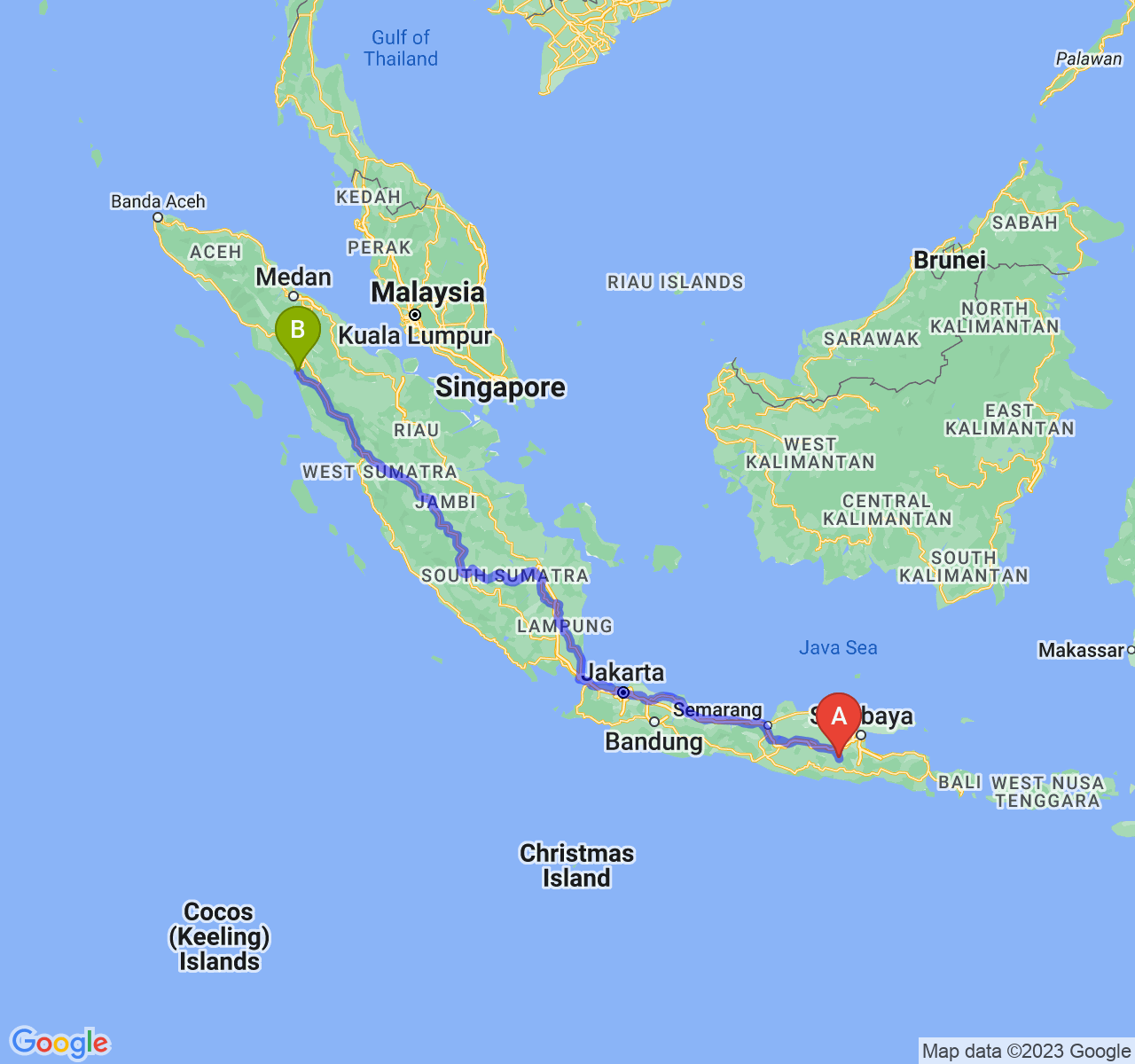 rute perjalanan Kab. Kediri-Kota Sibolga