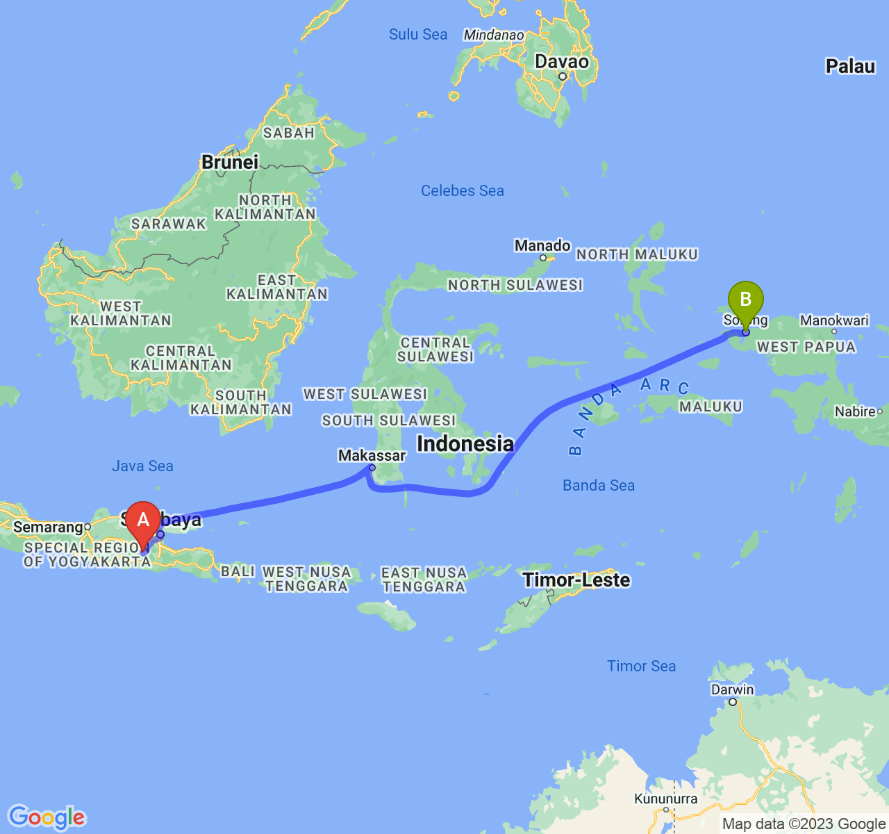 rute perjalanan Kab. Kediri-Kota Sorong