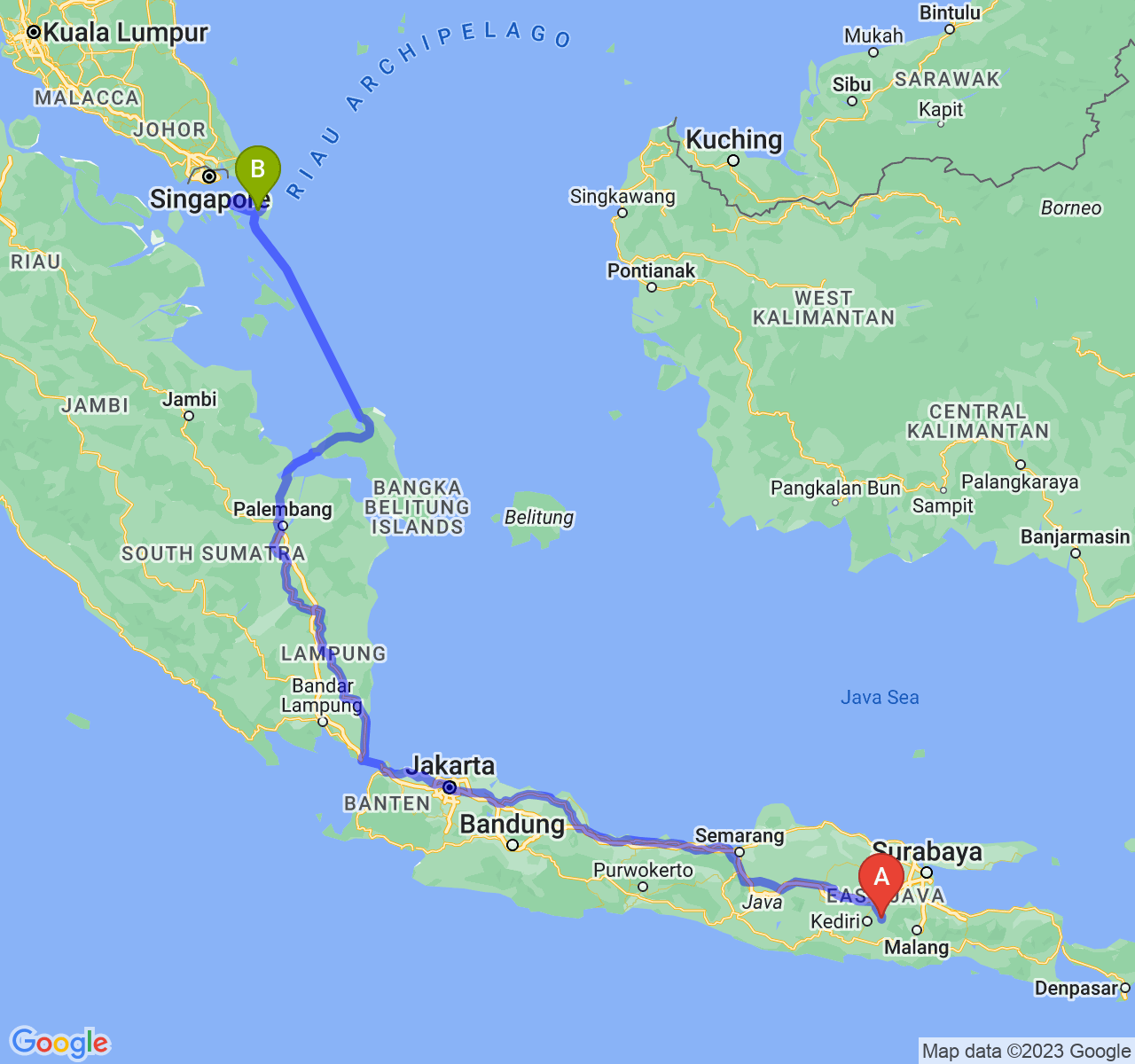 rute perjalanan Kab. Kediri-Kota Tanjungpinang