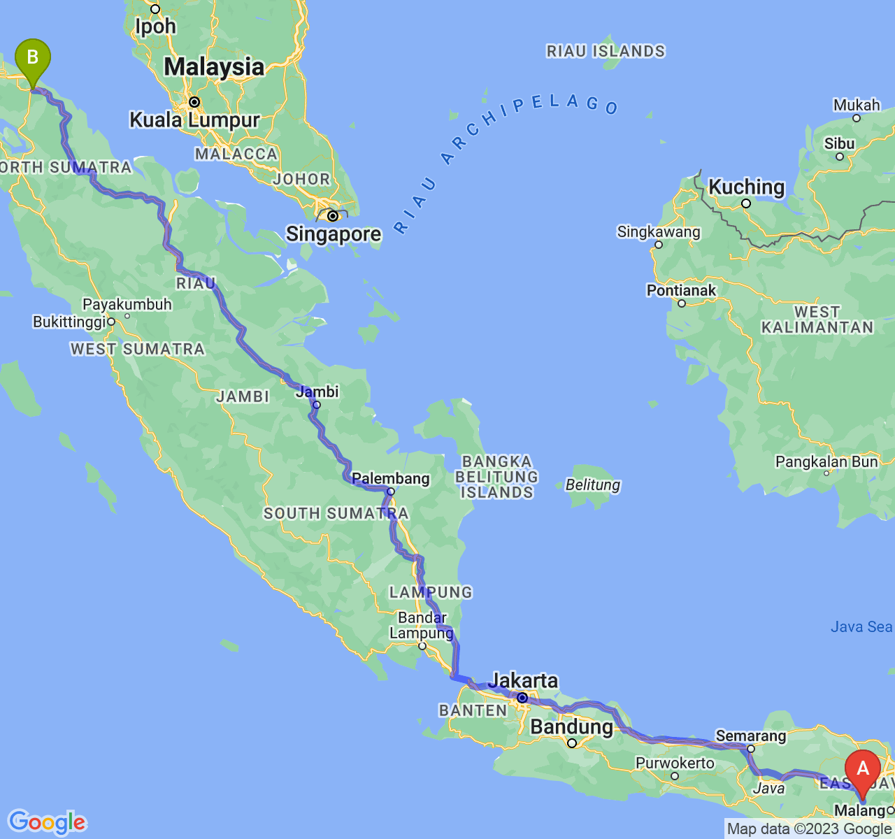 rute perjalanan Kab. Kediri-Kota Tebing Tinggi