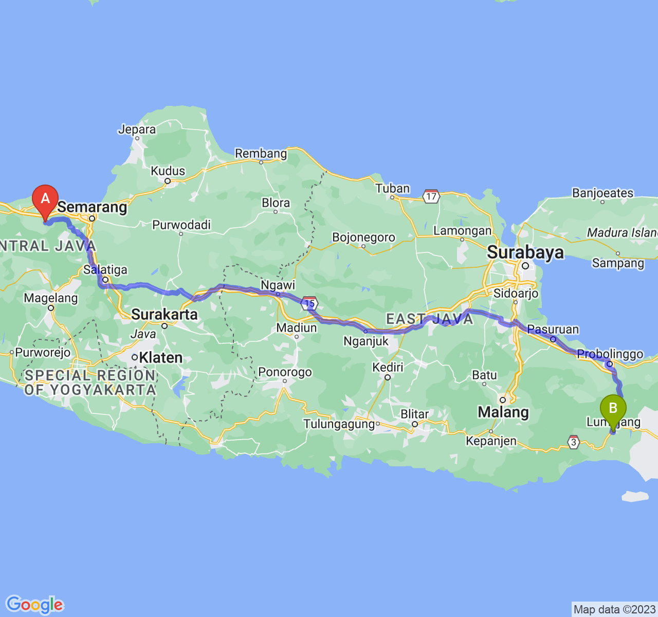 rute perjalanan Kab. Kendal-Kab. Lumajang