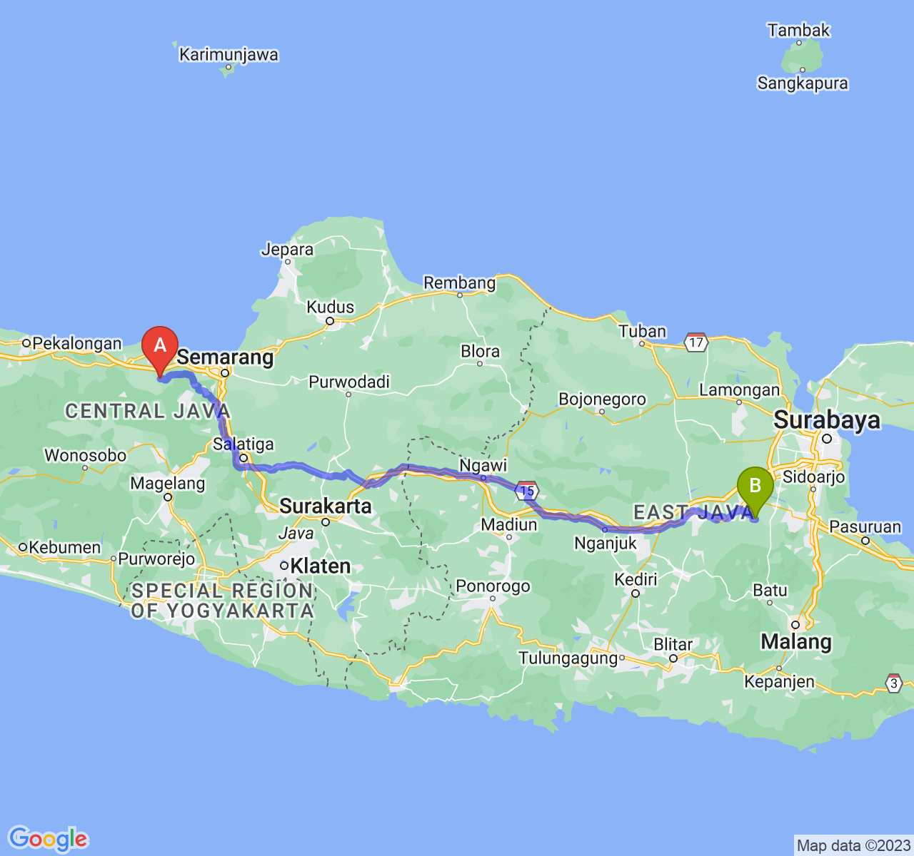 rute perjalanan Kab. Kendal-Kab. Mojokerto