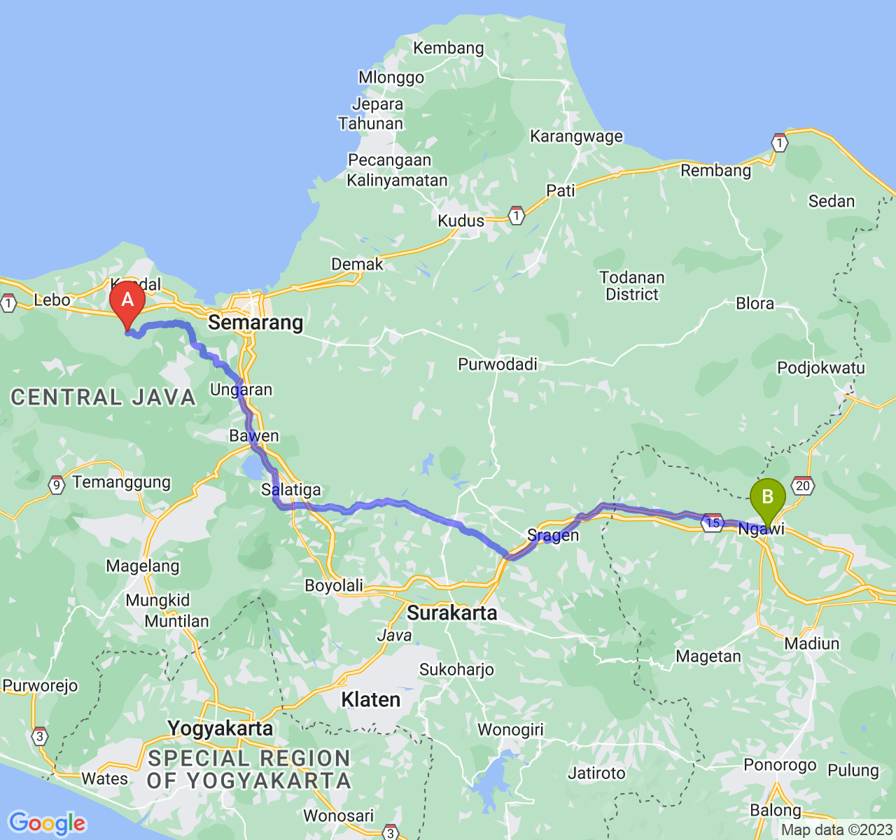 rute perjalanan Kab. Kendal-Kab. Ngawi