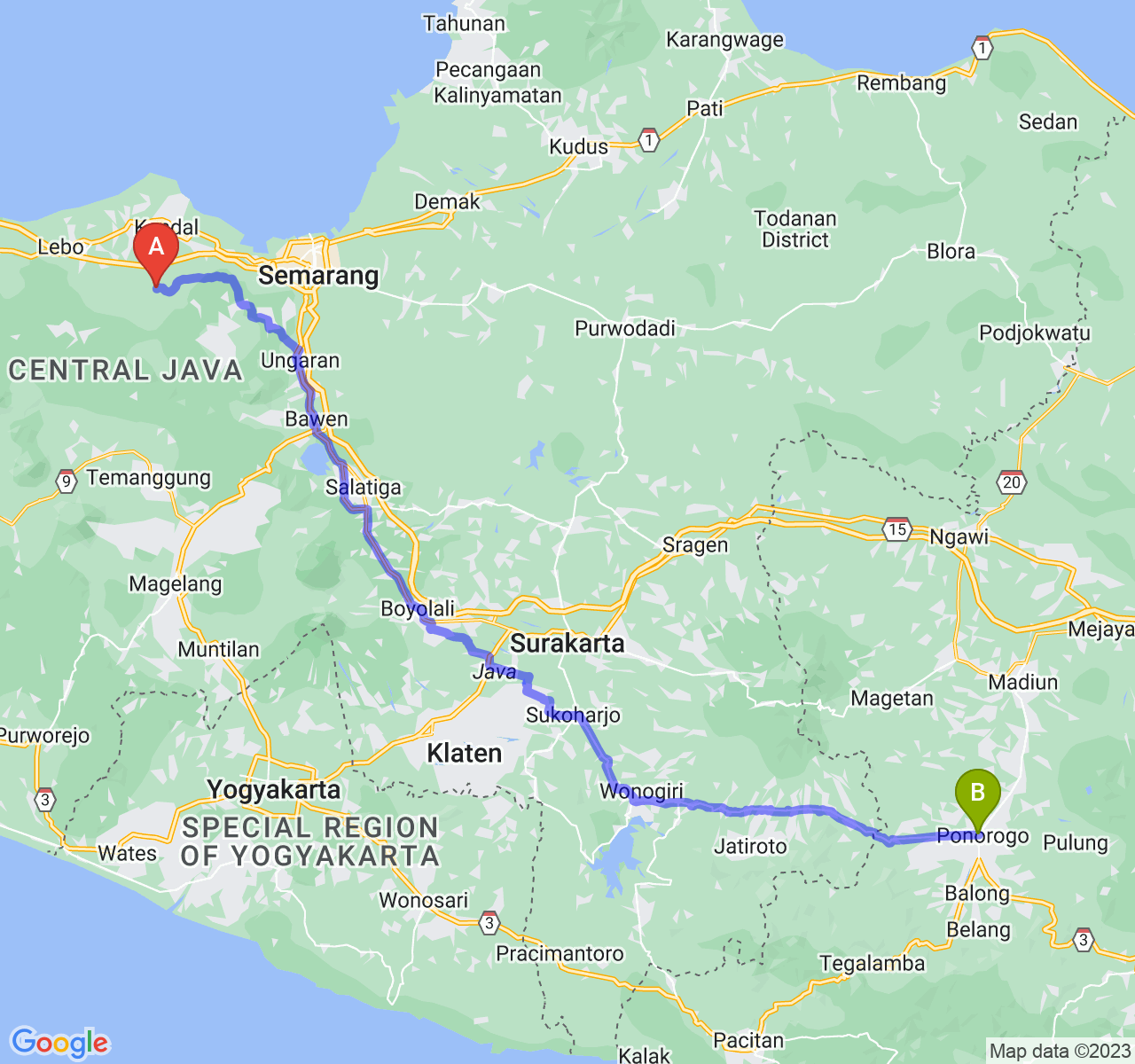 rute perjalanan Kab. Kendal-Kab. Ponorogo