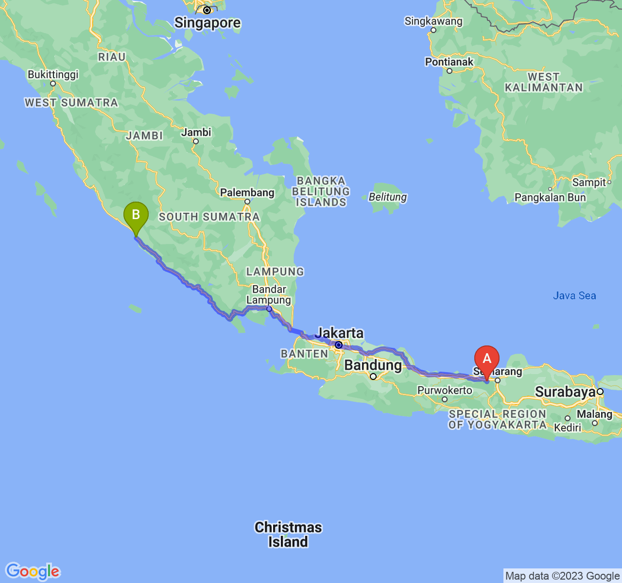 rute perjalanan Kab. Kendal-Kota Bengkulu