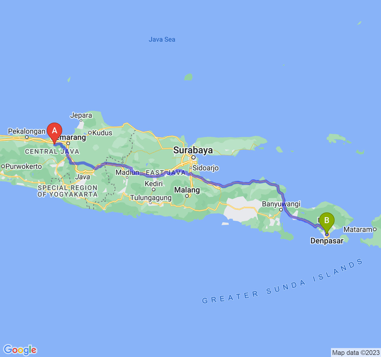 rute perjalanan Kab. Kendal-Kota Denpasar