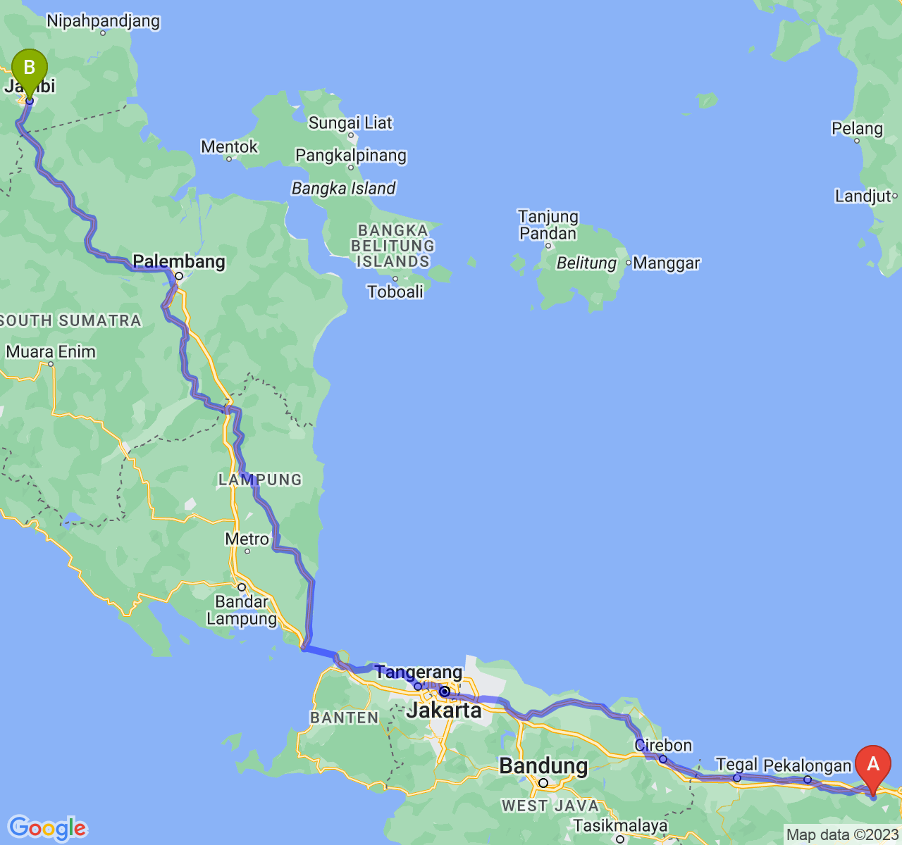 rute perjalanan Kab. Kendal-Kota Jambi