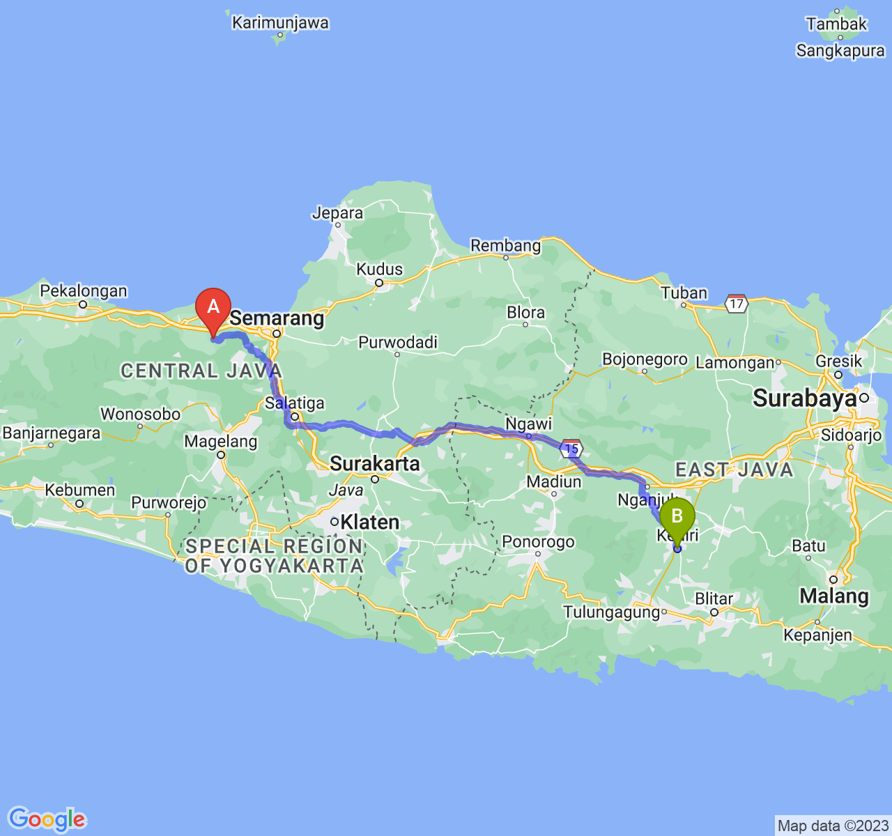 rute perjalanan Kab. Kendal-Kota Kediri