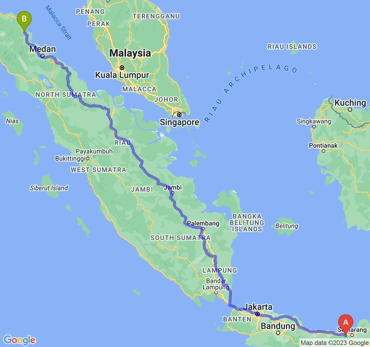 rute perjalanan Kab. Kendal-Kota Langsa