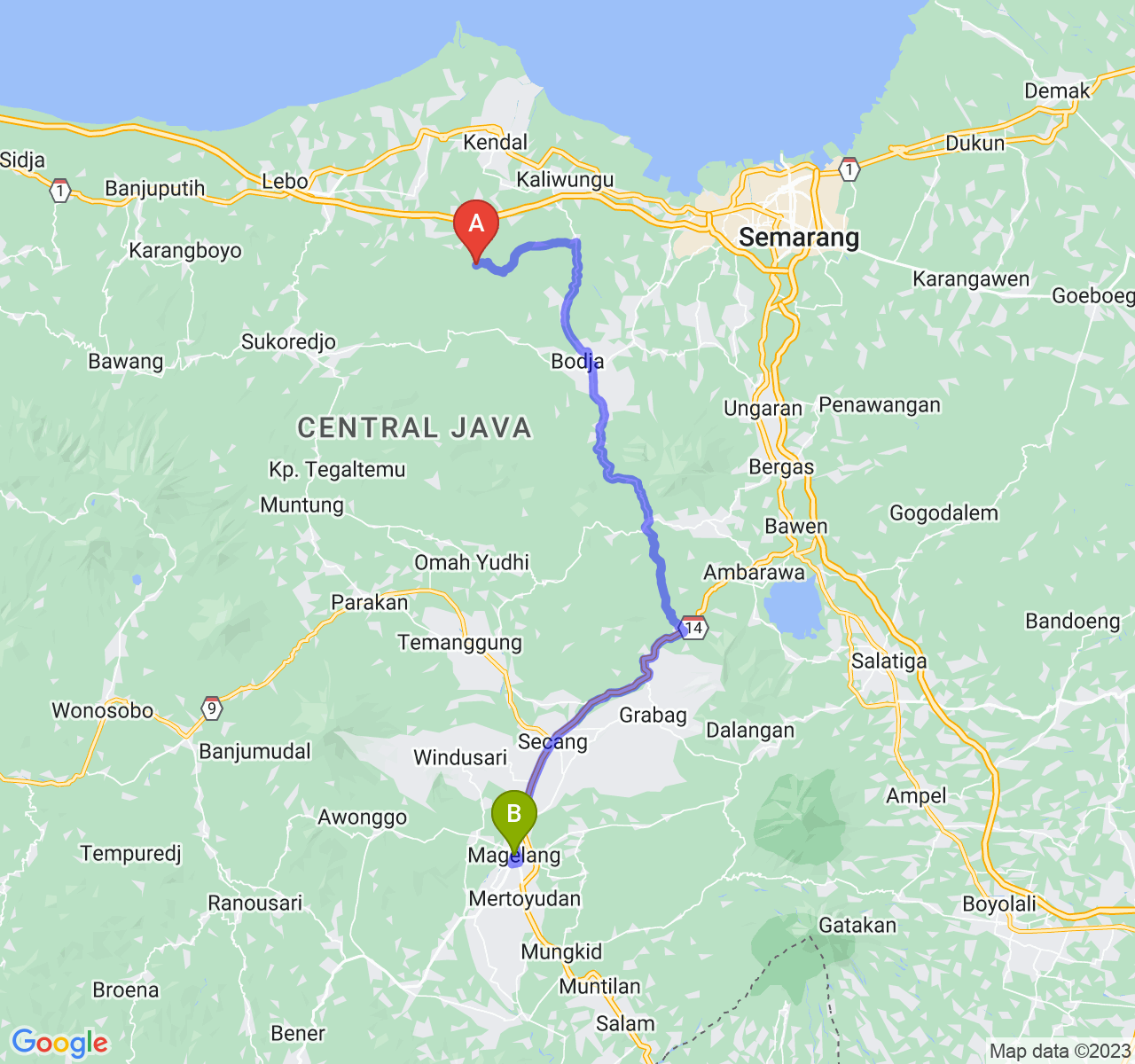 rute perjalanan Kab. Kendal-Kota Magelang