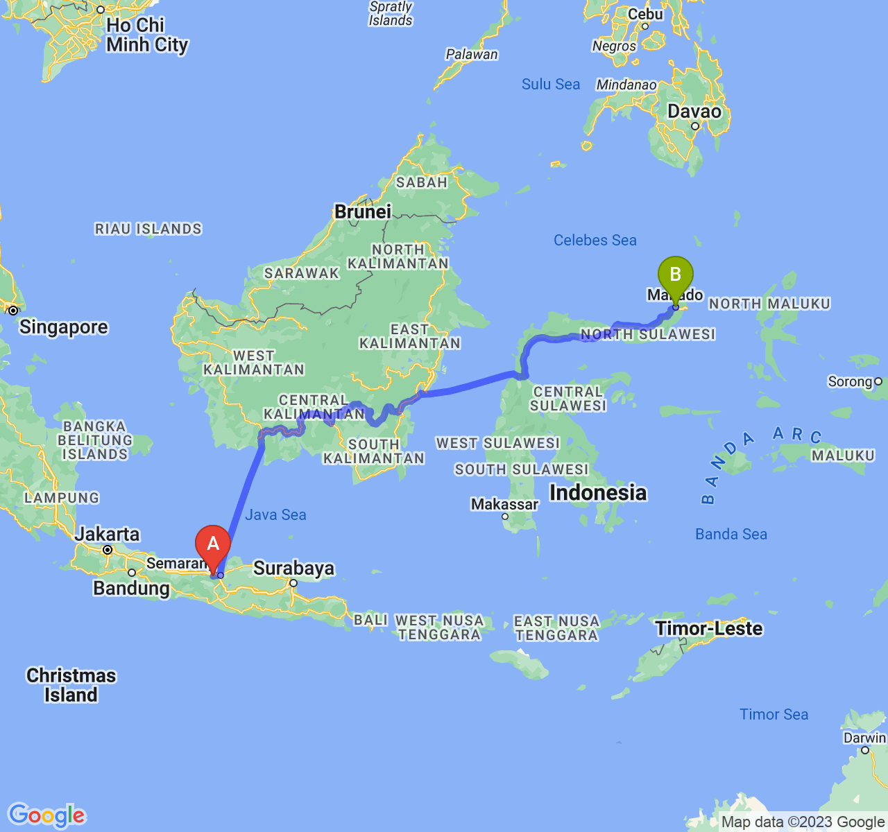 rute perjalanan Kab. Kendal-Kota Manado