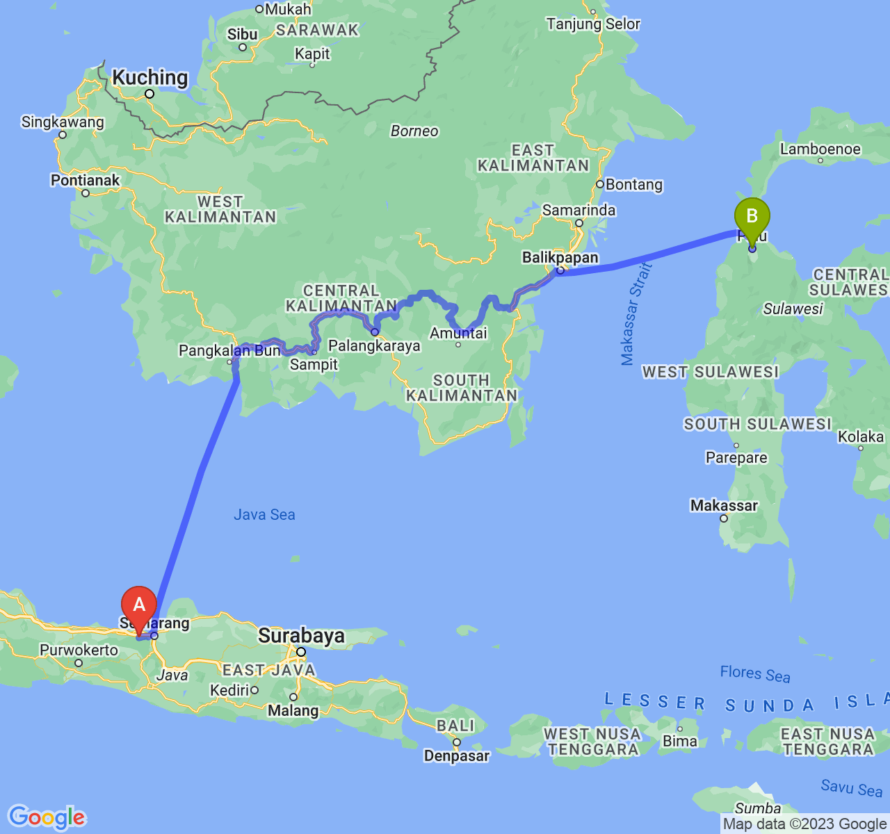 rute perjalanan Kab. Kendal-Kota Palu