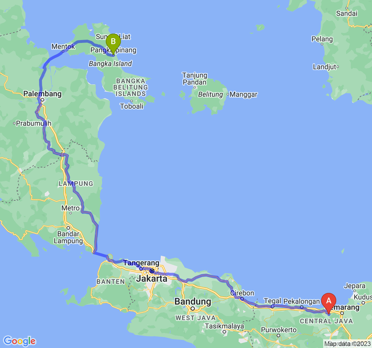 rute perjalanan Kab. Kendal-Kota Pangkalpinang