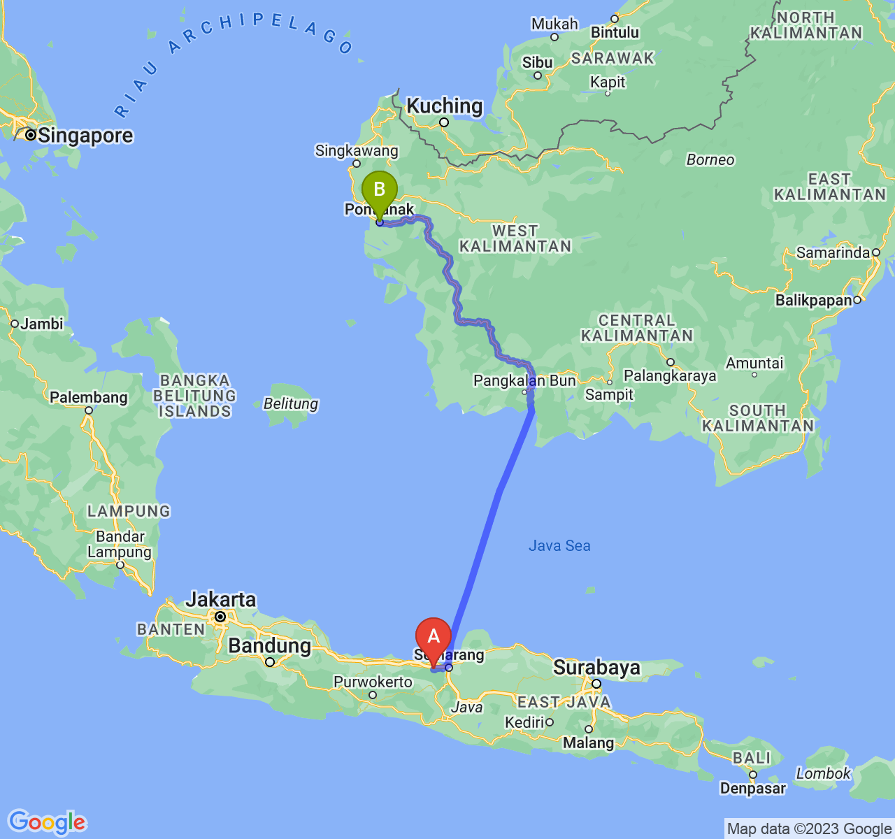 rute perjalanan Kab. Kendal-Kota Pontianak