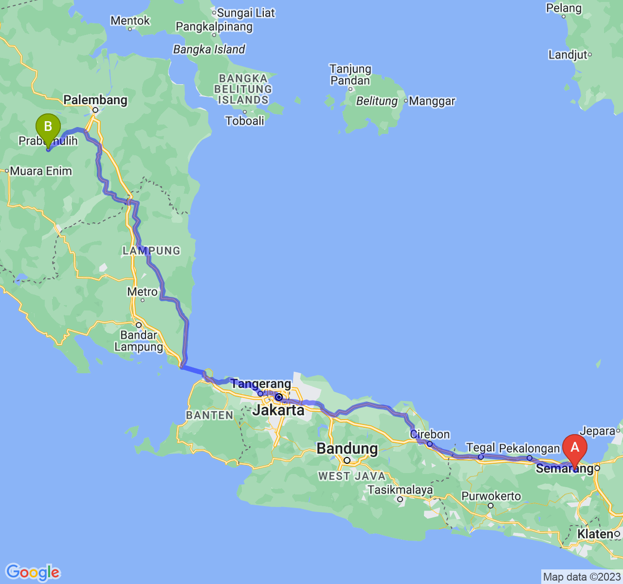 rute perjalanan Kab. Kendal-Kota Prabumulih