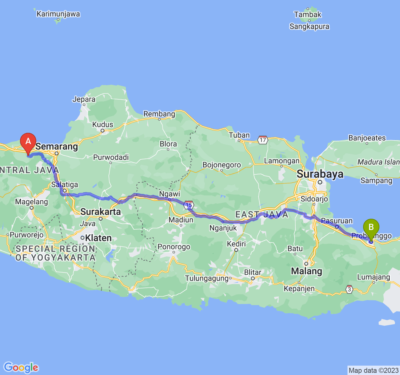 rute perjalanan Kab. Kendal-Kota Probolinggo