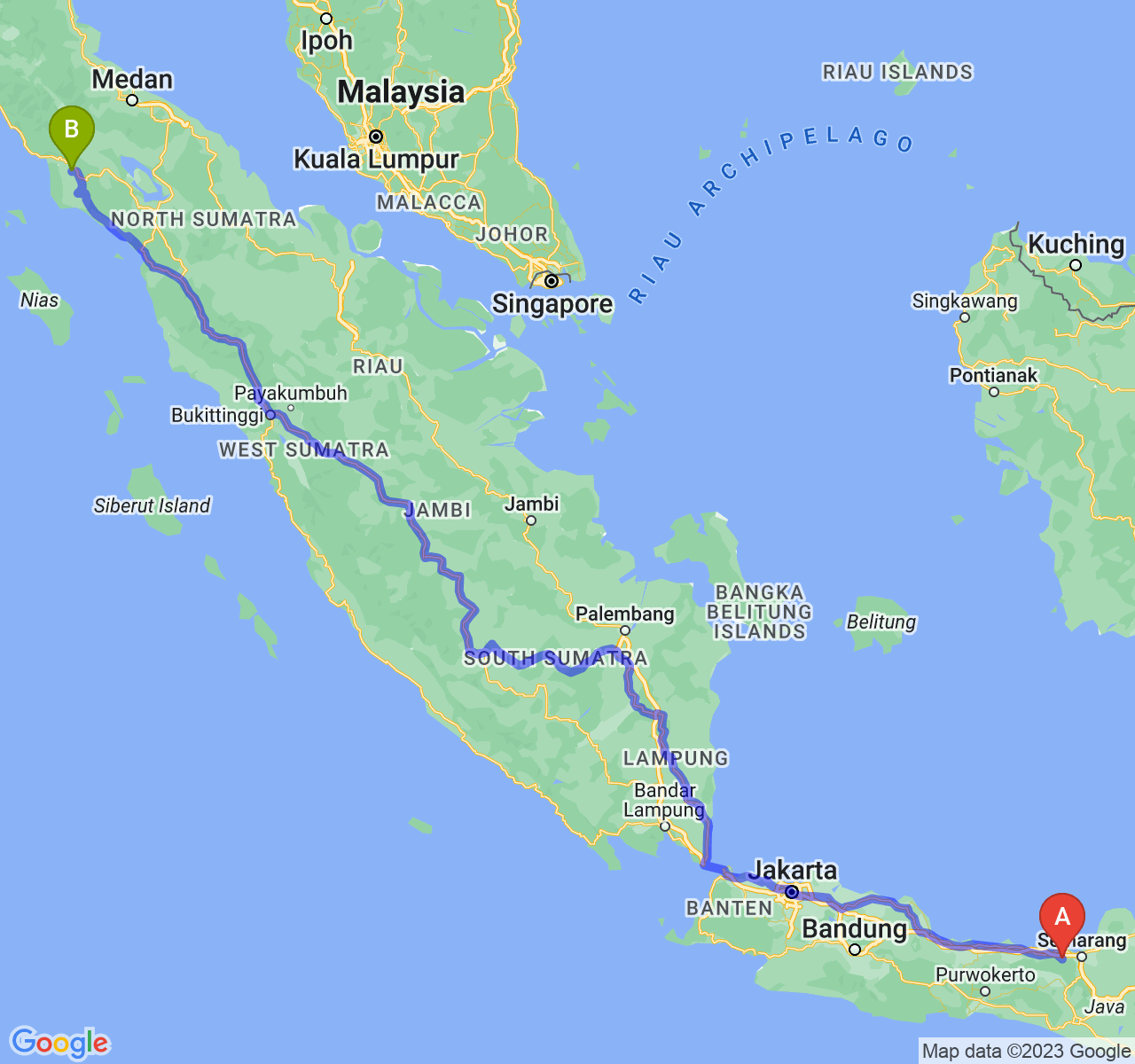 rute perjalanan Kab. Kendal-Kota Subulussalam