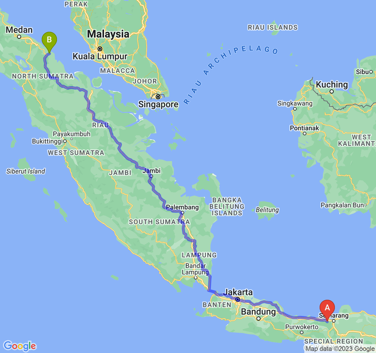 rute perjalanan Kab. Kendal-Kota Tanjung Balai