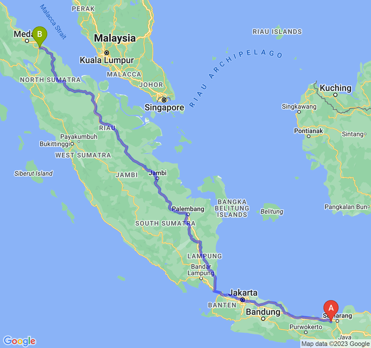 rute perjalanan Kab. Kendal-Kota Tebing Tinggi