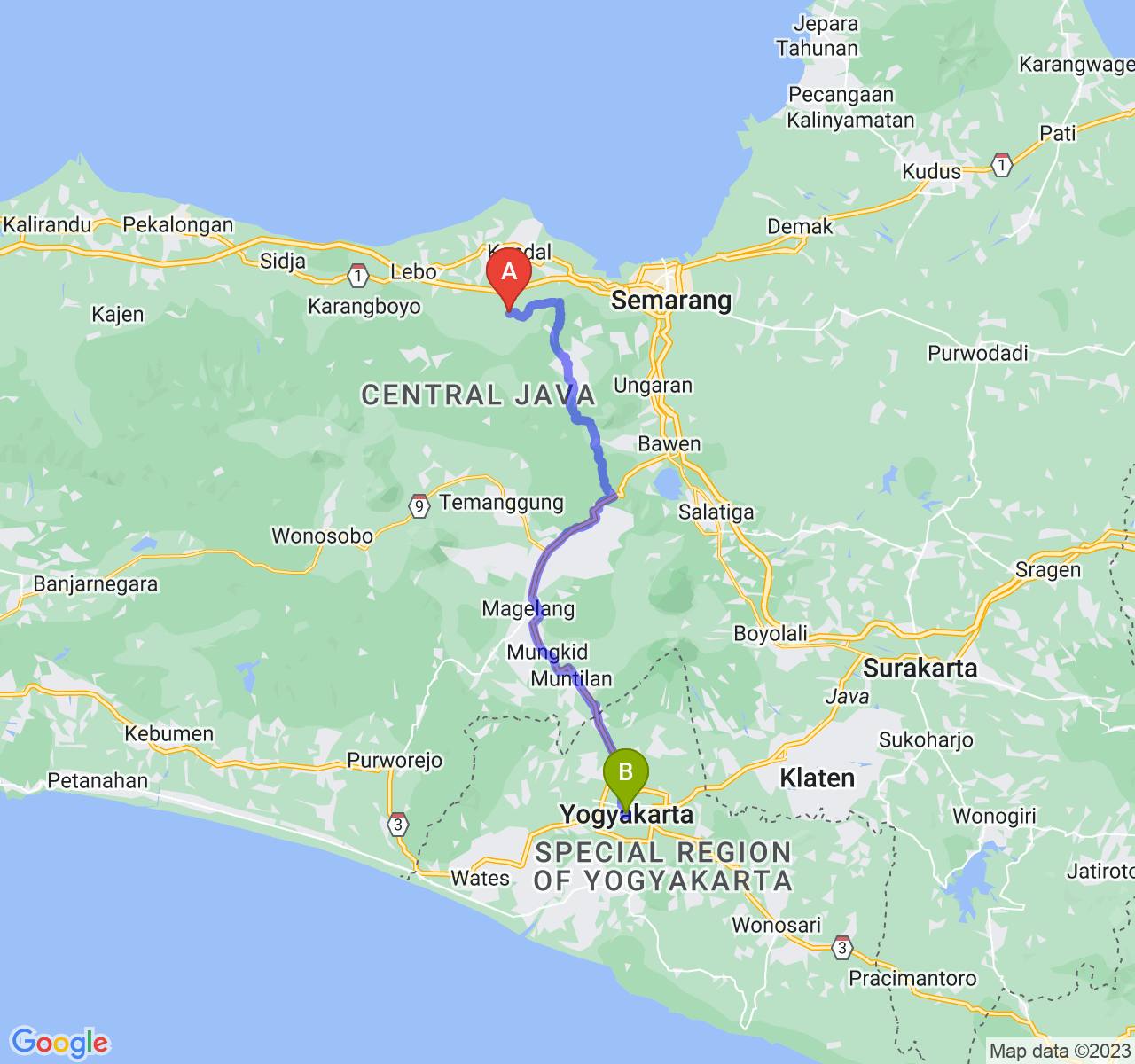 rute perjalanan Kab. Kendal-Kota Yogyakarta