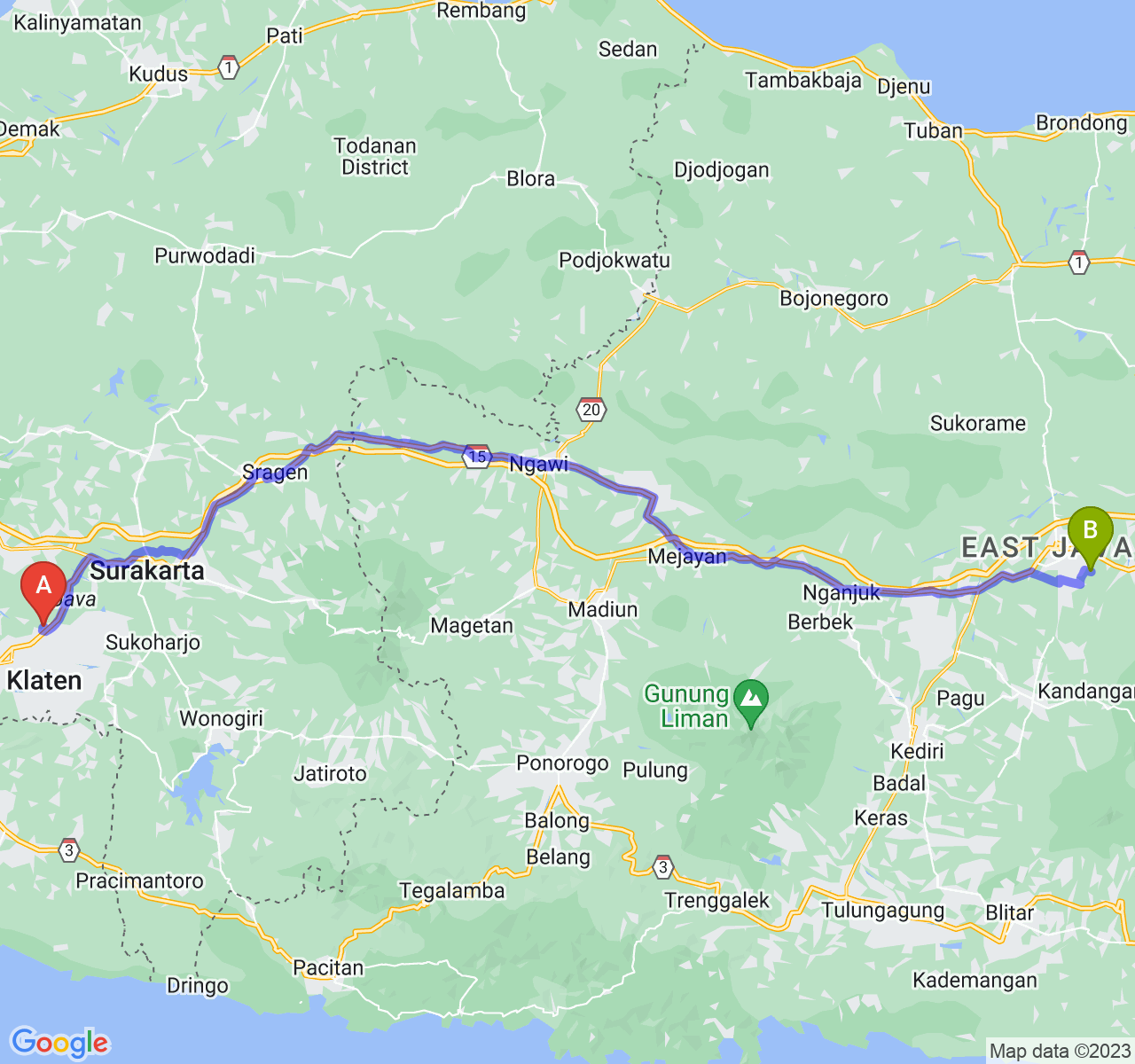 rute perjalanan Kab. Klaten-Kab. Jombang