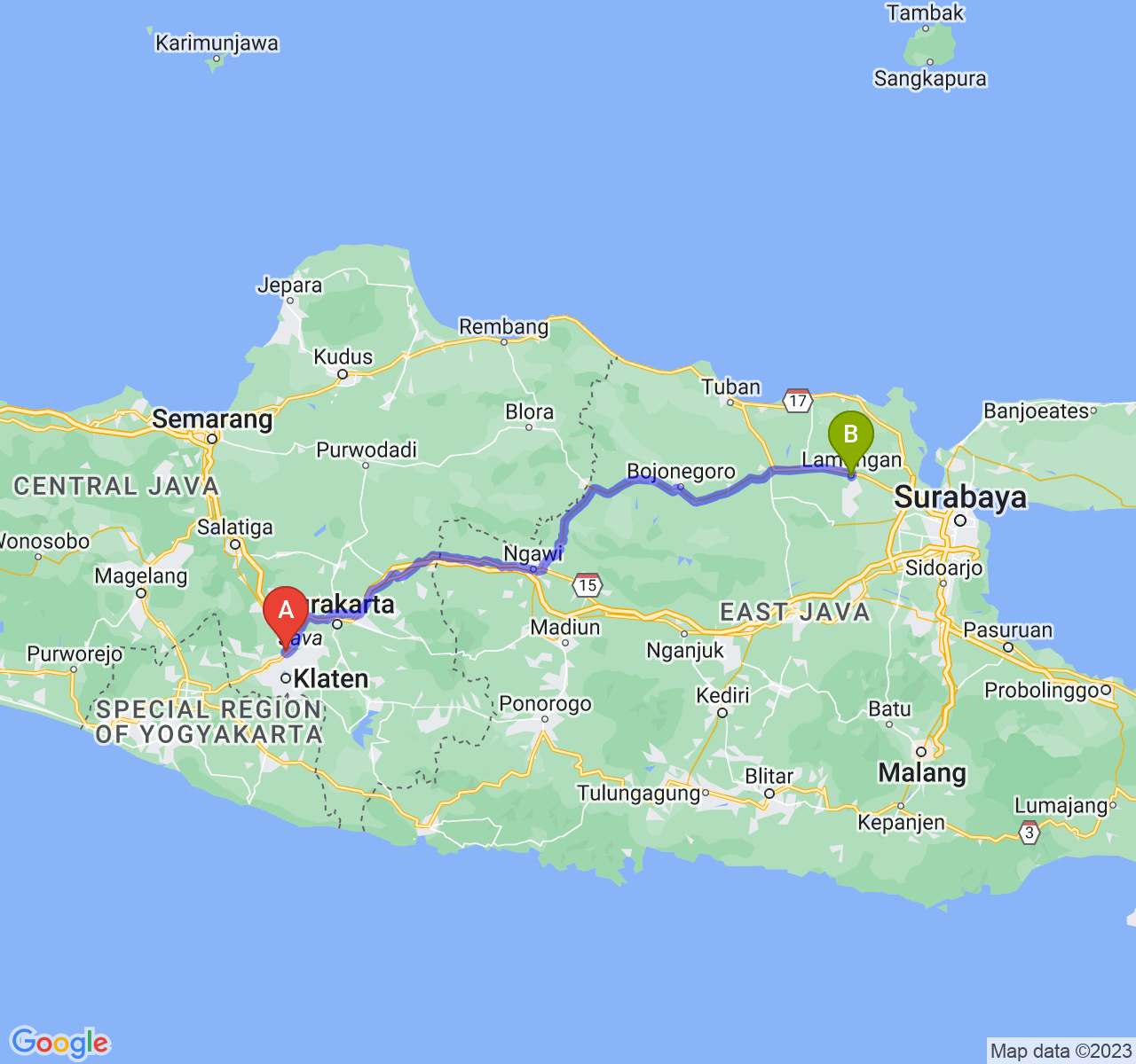 rute perjalanan Kab. Klaten-Kab. Lamongan