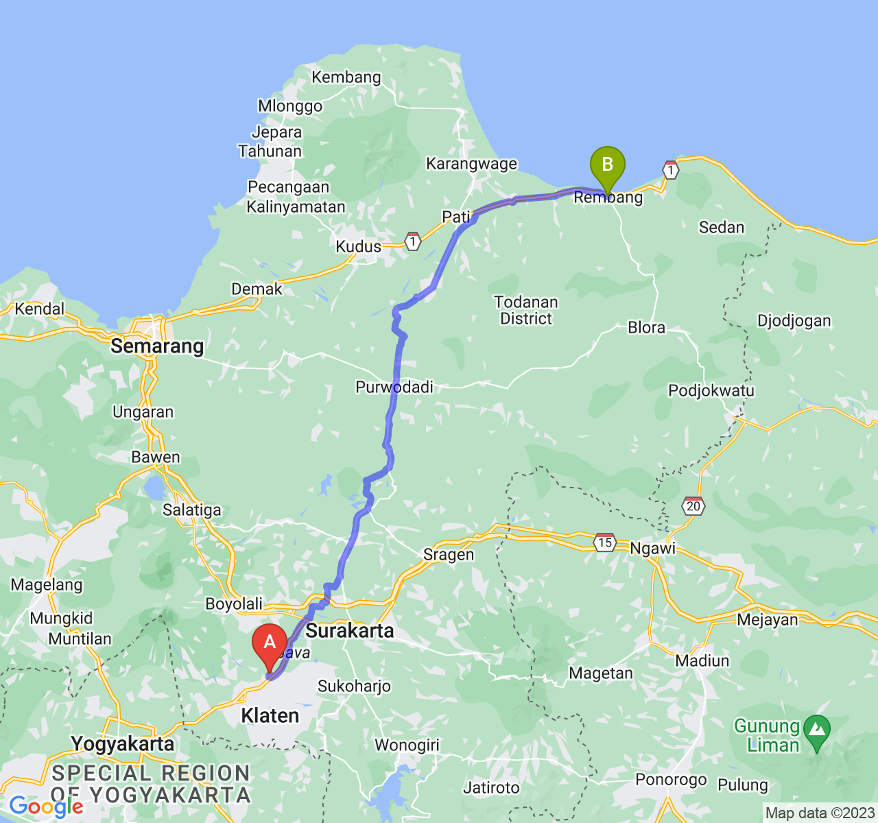 rute perjalanan Kab. Klaten-Kab. Rembang