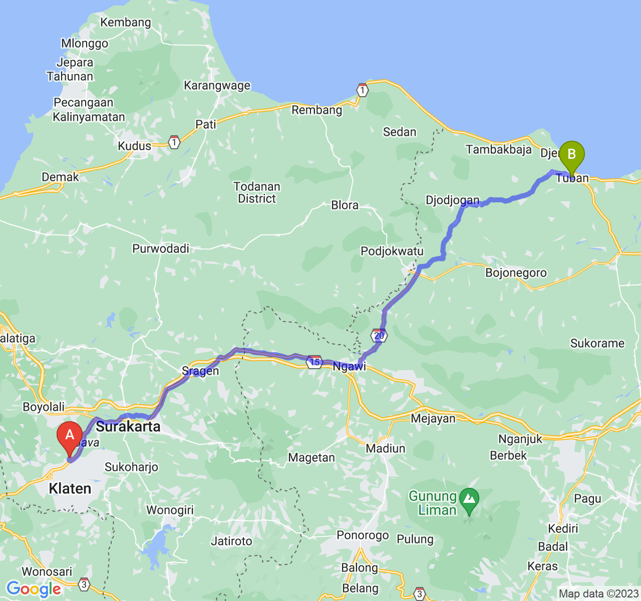 rute perjalanan Kab. Klaten-Kab. Tuban