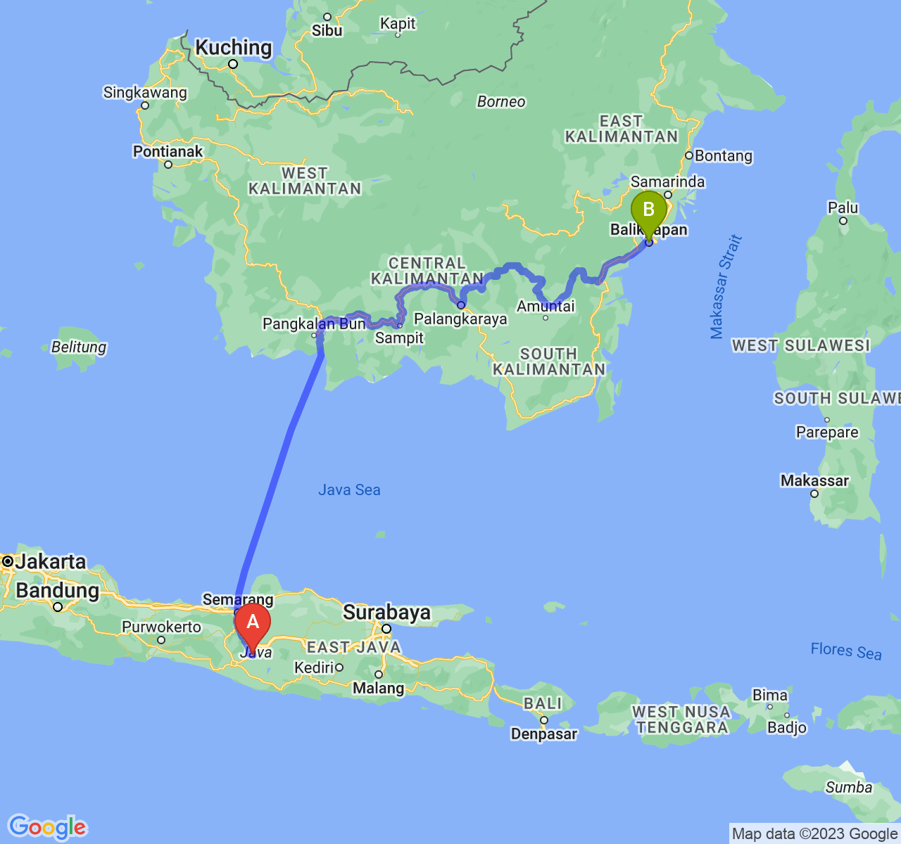 rute perjalanan Kab. Klaten-Kota Balikpapan