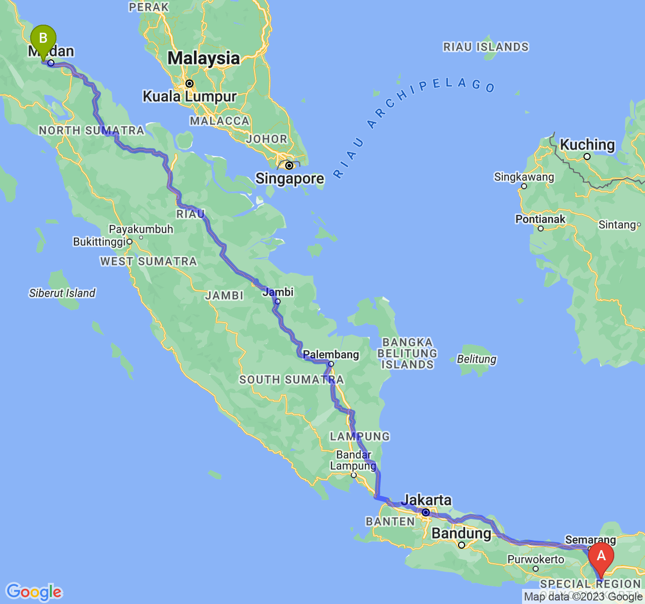 rute perjalanan Kab. Klaten-Kota Binjai