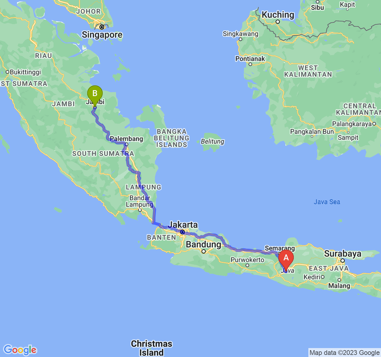 rute perjalanan Kab. Klaten-Kota Jambi