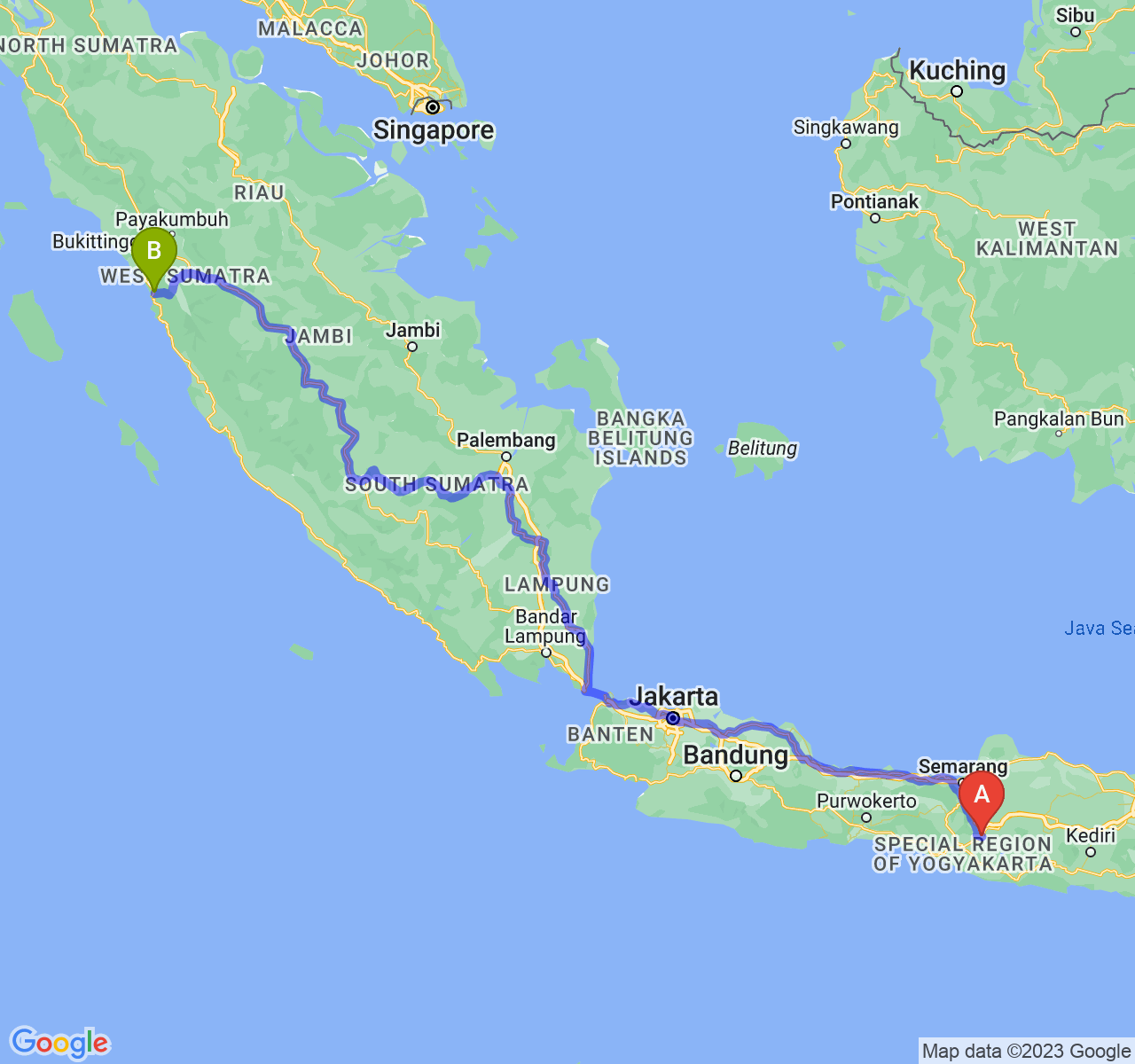 rute perjalanan Kab. Klaten-Kota Padang